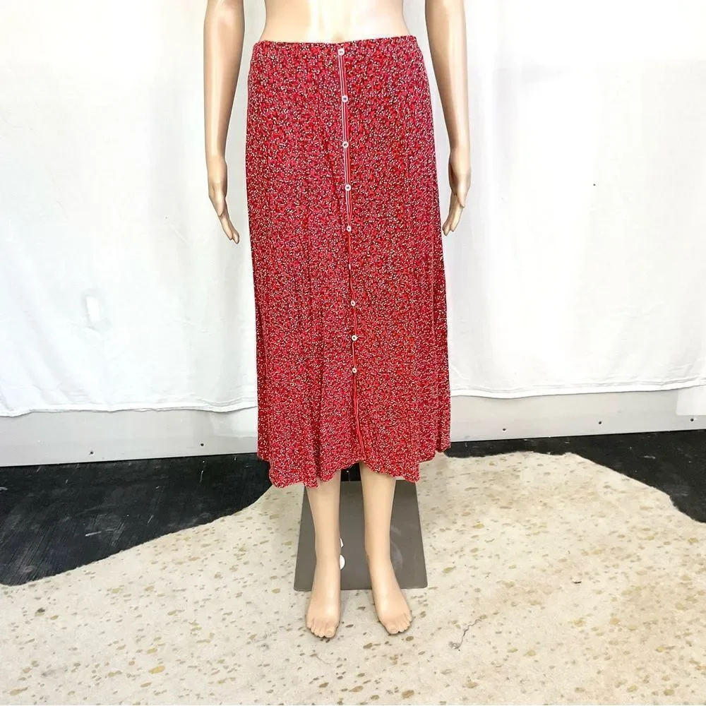 Max Studio red ditsy floral print buttons front boho cottage core maxi skirt S
